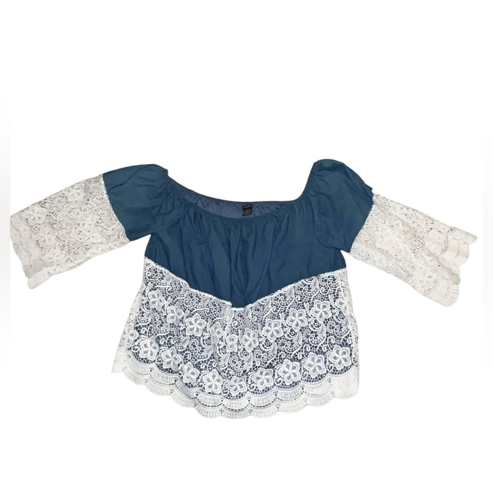 RHAPSODY Women’s OFF SHOULDER  Denim LACE TOP Sz  2X Cotton Polyester Blouse